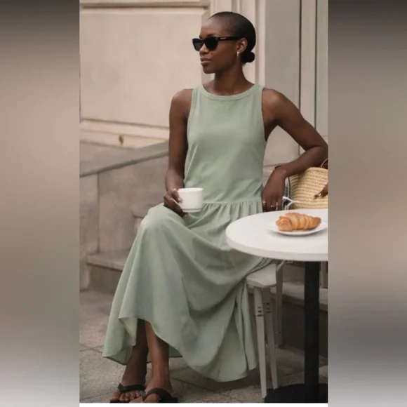 NWT COS Contrast Panel Cotton Sleeveless Sage Green Maxi Dress Size L - Picture 2 of 16